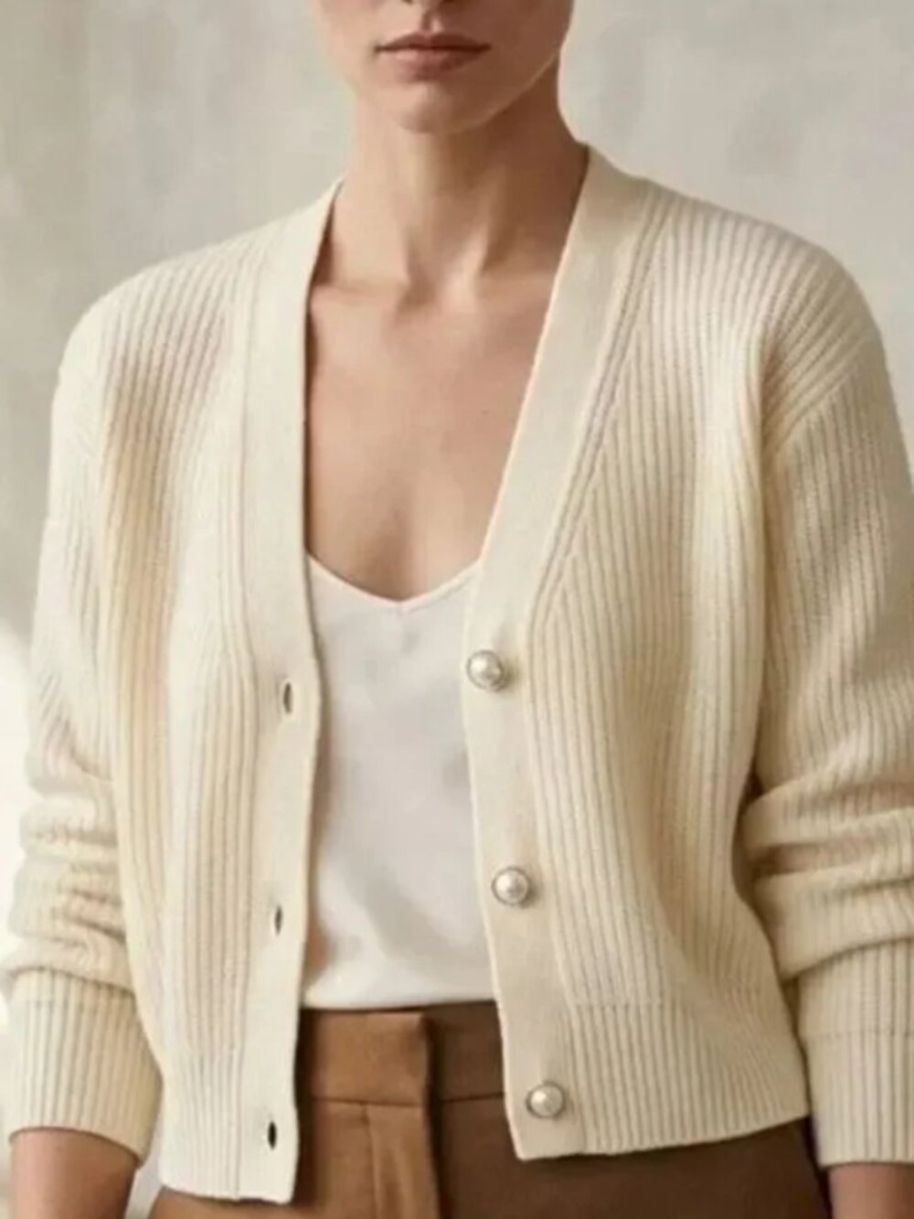 Cinq A Sept Palmer Pearl/Gold  Button V- Neck Cardigan Sz L